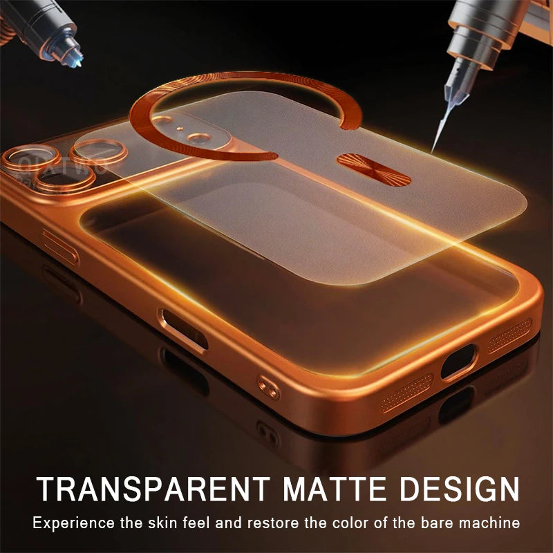 Étui de Charge sans fil magnétique Transparent mat plaqué de luxe pour iPhone 13/14/15/16/17 Pro Max Air Plus housse transparente antichoc